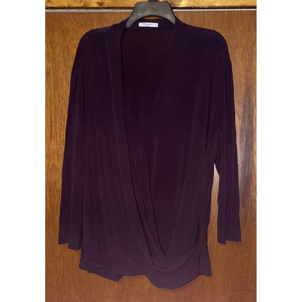M.M. Lafleur Deneuve Faux Wrap Drape Top Blackberry  Blouse Crepe V Neck XL +1